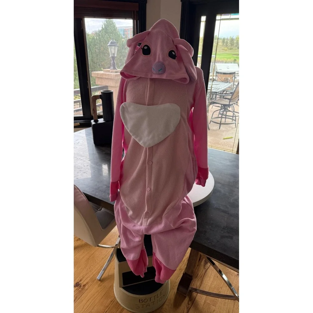 Lilo & Stitch Angel Adult M Pink Hooded Fleece Pajamas Cosplay‎ Christmas PJ's